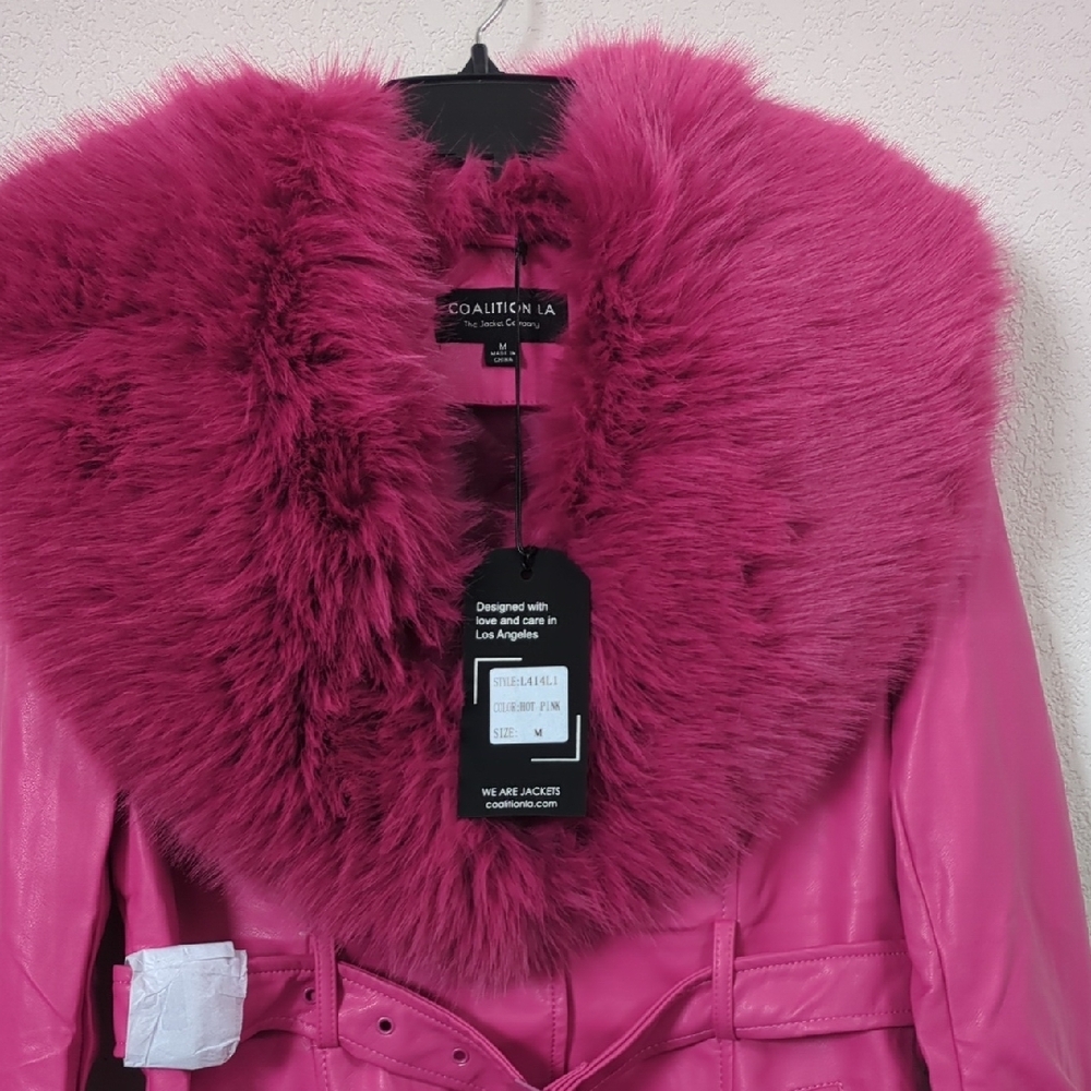 Women's Pink Faux Fur Trench Coat - Picture 3 of 3